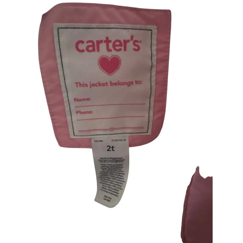 Carter's Pink Hooded‎ Puffer Jacket Fleece Lined Toddler Girls Size 2T